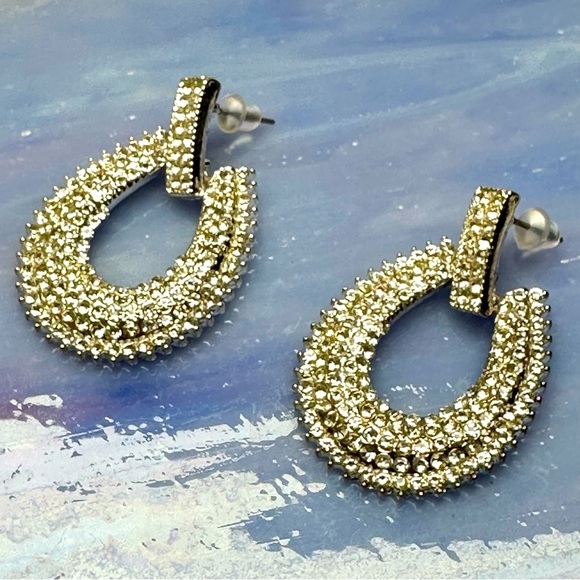 Elegant Silver Hoop Earrings Crystal Sparkles Post - Picture 1 of 8